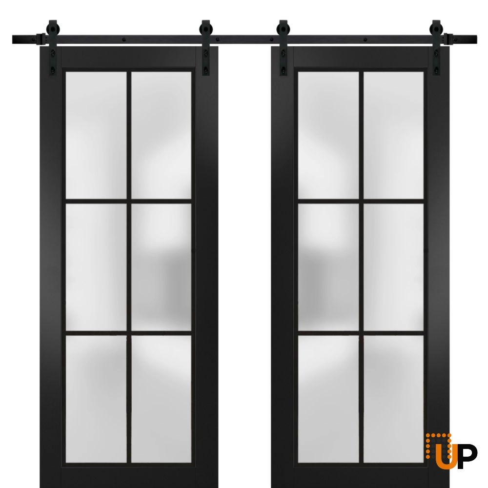 Double solid core sliding french interior barn double door with frosted glass | Planum 2122 Black Matte | 36 x 80 (2* 18x80) photo#1