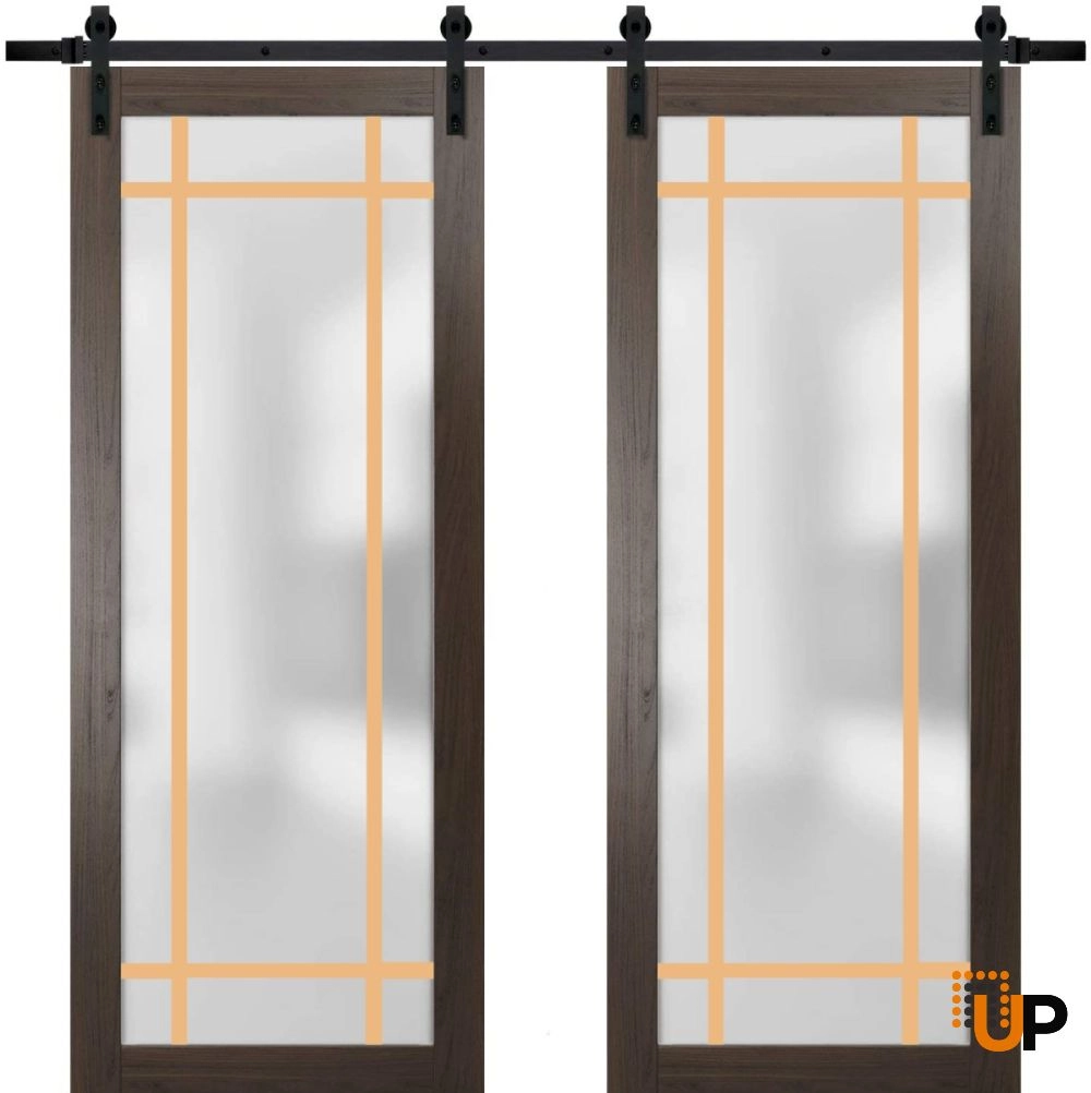 Double solid core sliding french interior barn double door with frosted glass | Planum 2113 Chocolate Ash | 36 x 80 (2* 18x80) photo#1