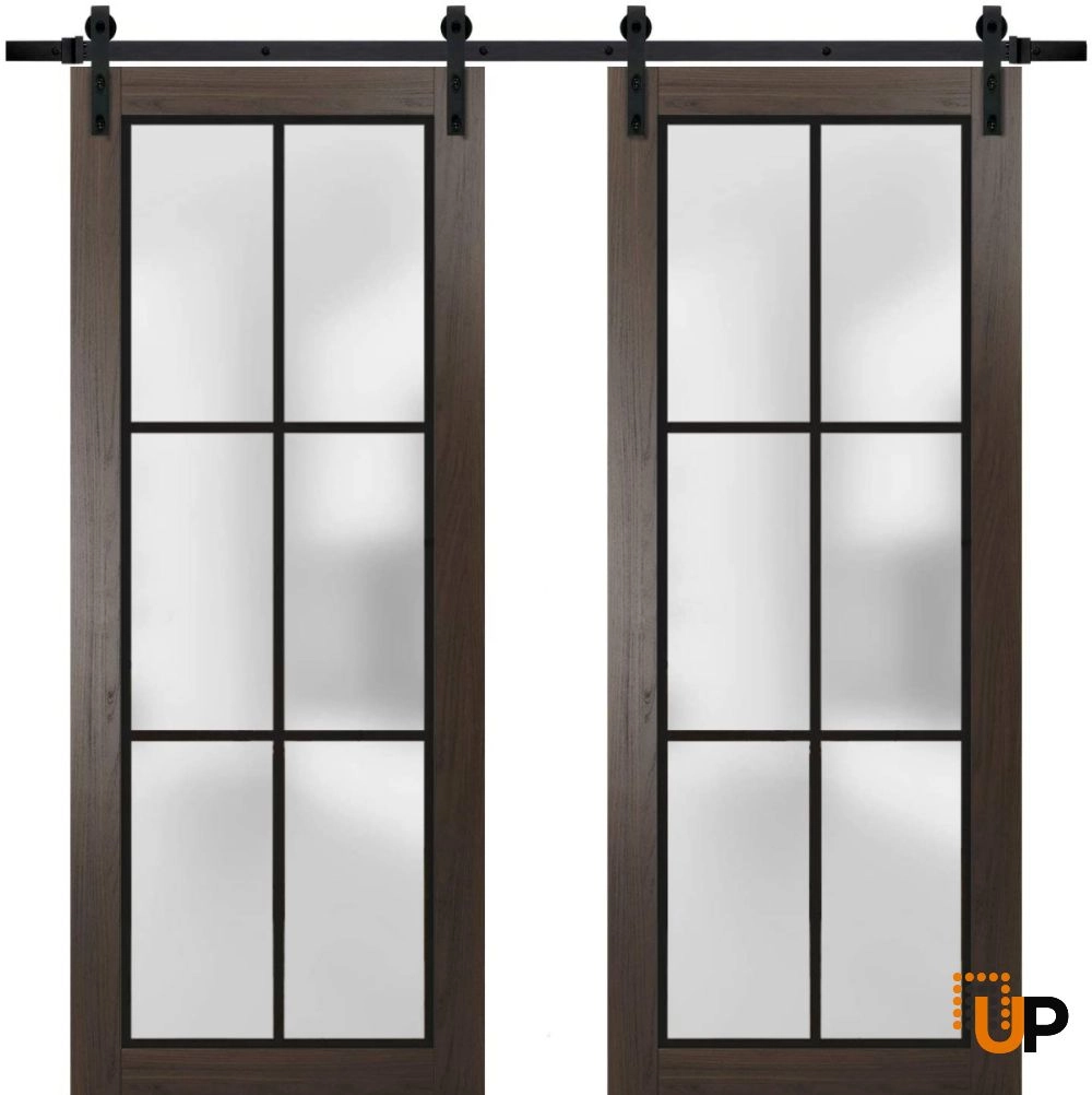 Double solid core sliding french interior barn double door with frosted glass | Planum 2122 Chocolate Ash | 36 x 80 (2* 18x80) photo#1