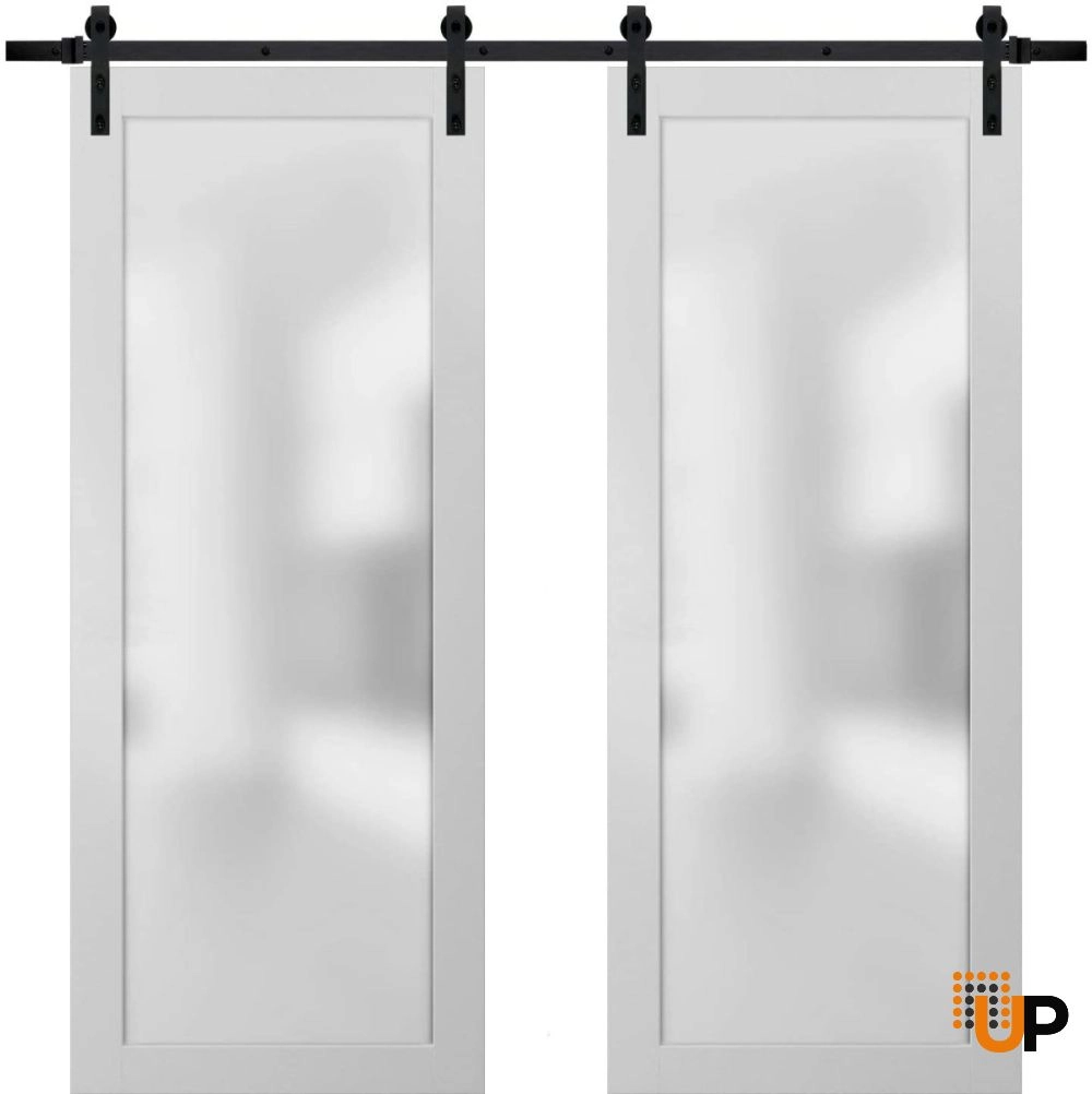 Double solid core sliding french interior barn double door with frosted glass | Planum 2102 White | 36 x 80 (2* 18x80) photo#1