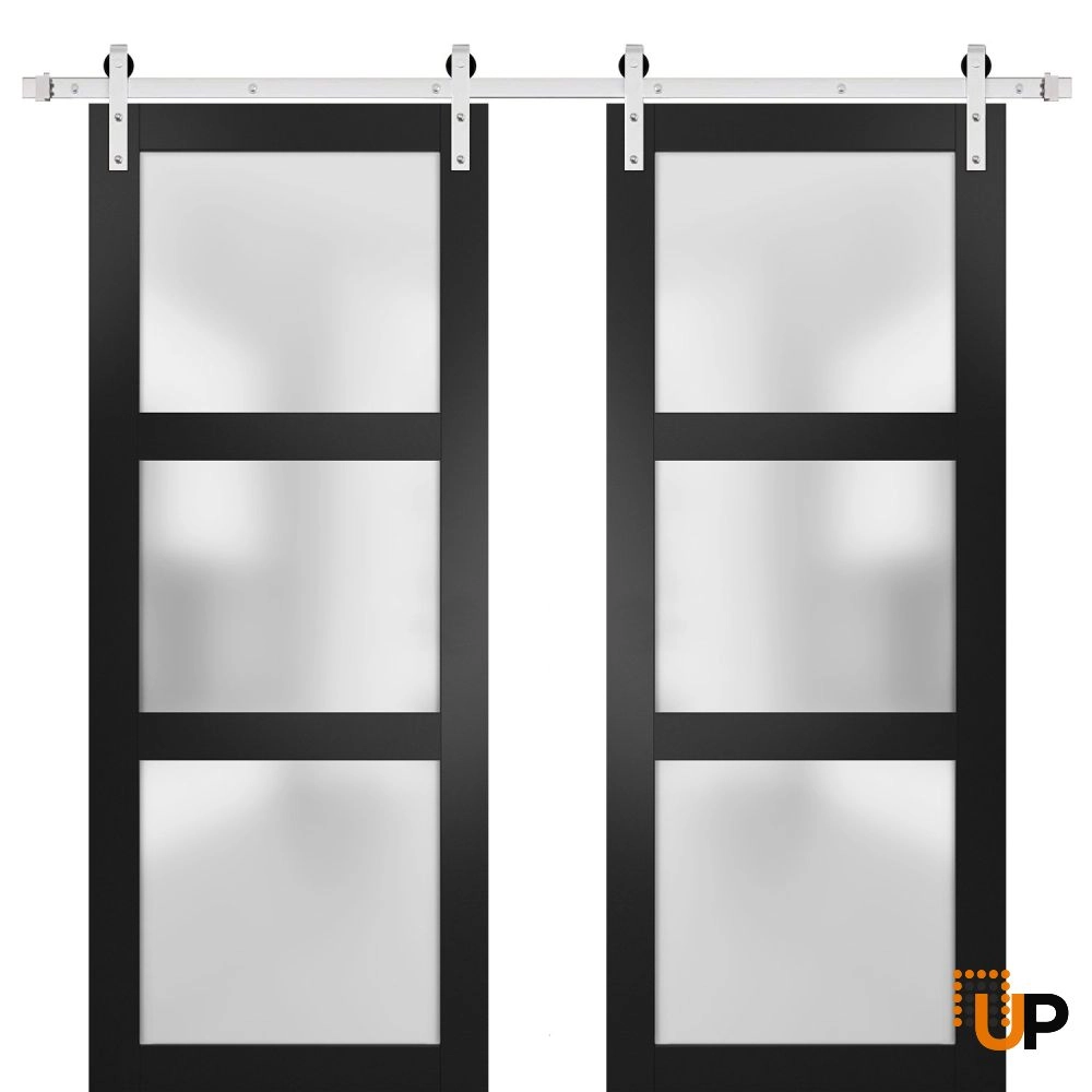 Double solid core sliding french interior barn double door with frosted glass | Lucia 2552 Black Matte | 36 x 80 (2* 18x80) photo#1