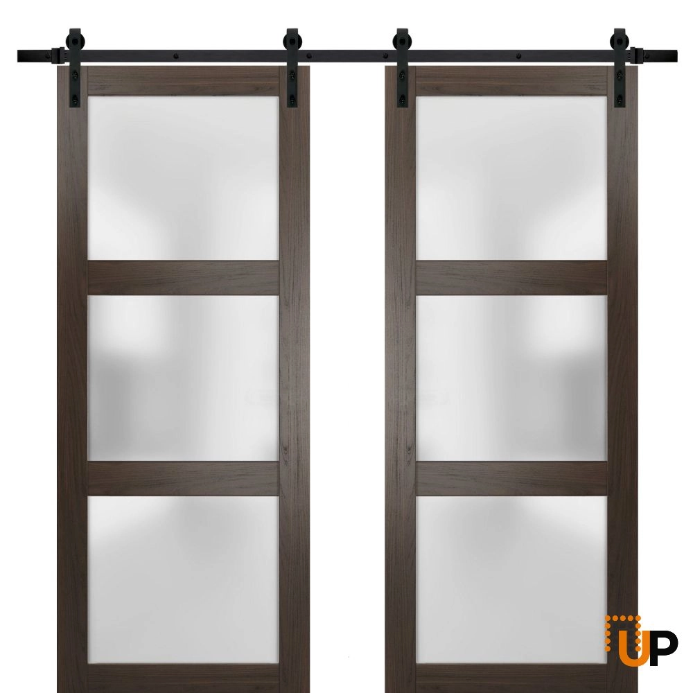 Double solid core sliding french interior barn double door with frosted glass | Lucia 2552 Chocolate Ash | 36 x 80 (2* 18x80) photo#1