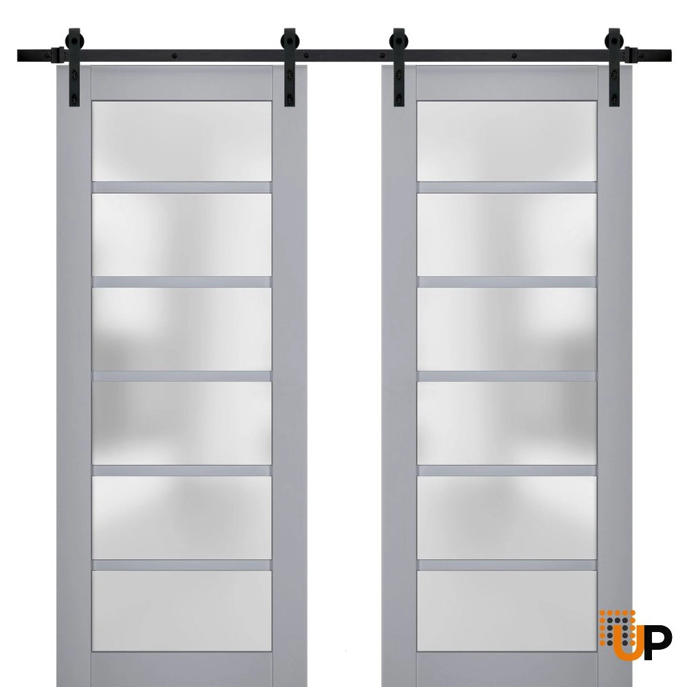 Double laminate sliding french interior barn double door with frosted glass | Veregio 7602 Matte Grey | 36 x 80 (2* 18x80) photo#1