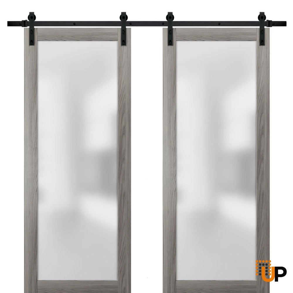 Double solid core sliding french interior barn double door with frosted glass | Planum 2102 Ginger Ash | 36 x 80 (2* 18x80) photo#1
