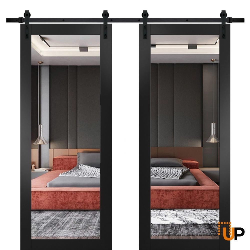 Double solid core sliding french interior barn double door with mirror glass | Lucia 1299 Black Matte | 36 x 80 (2* 18x80) photo#1