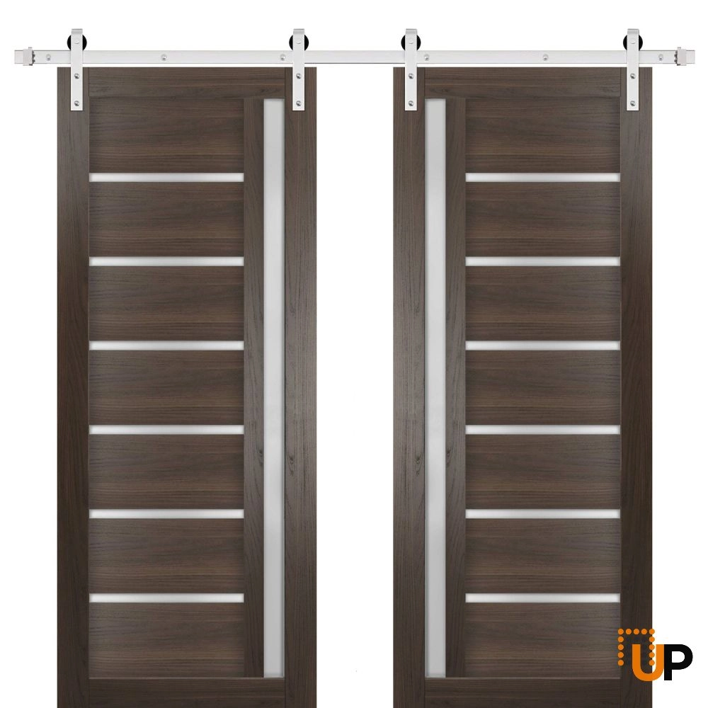Double mdf sliding french interior barn double door with frosted glass | Quadro 4088  Chocolate Ash | 36 x 80 (2* 18x80) photo#1
