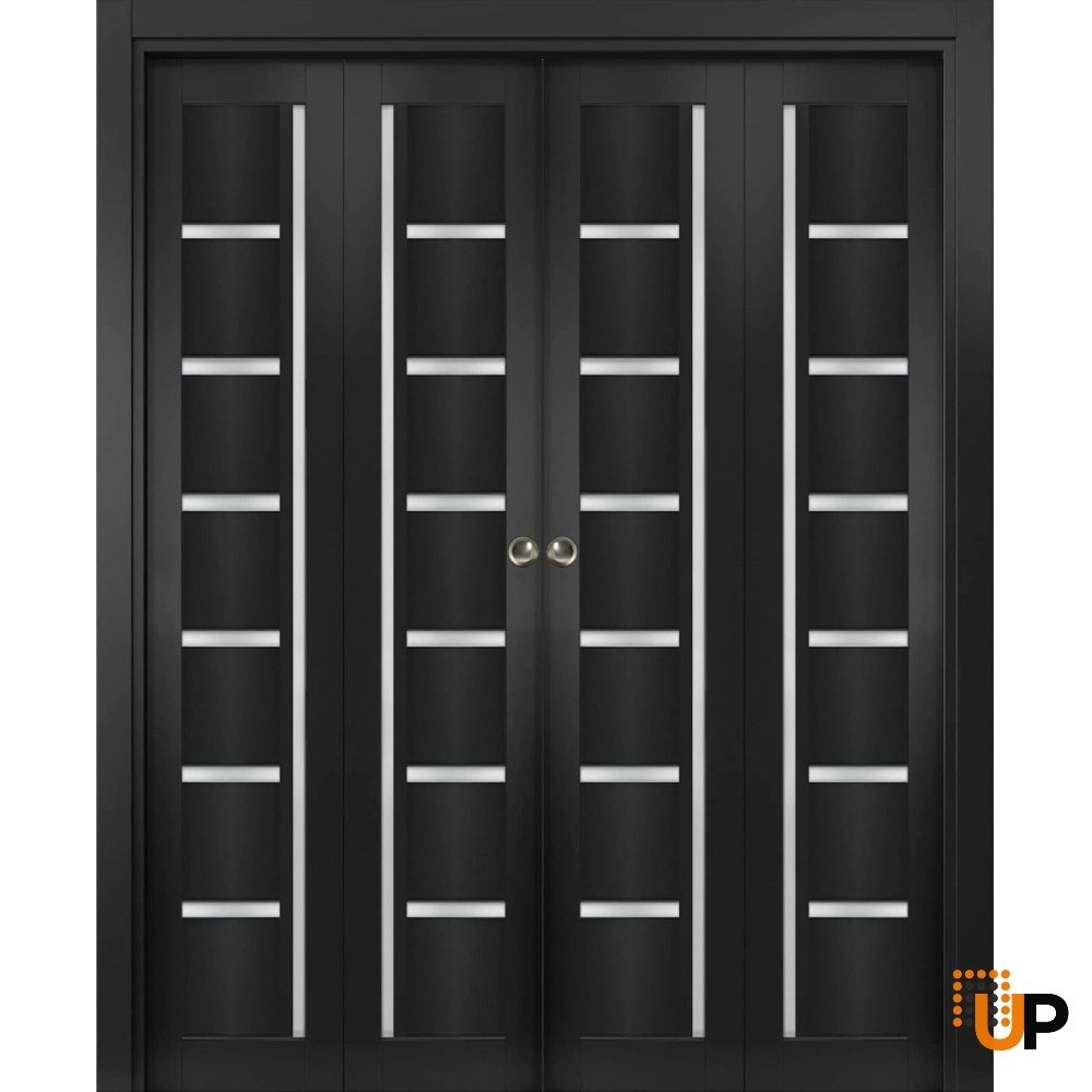 4 folding panels mdf sliding modern interior bi-fold double door with frosted glass | Quadro 4088  Black Matte | 72 x 80 (4* 18x80) photo#1