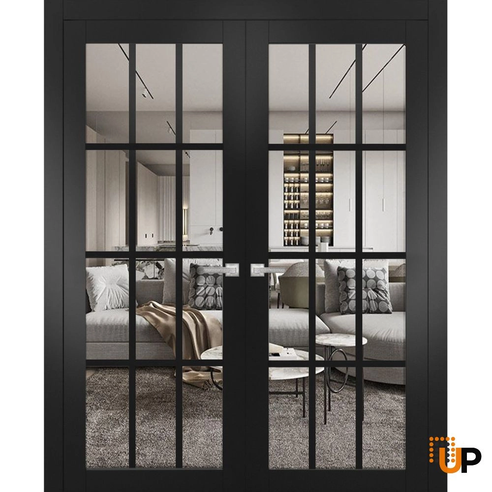 Double solid core french interior swing double door with clear glass | Felicia 3355 Black Matte | 36 x 80 (2* 18x80) photo#1