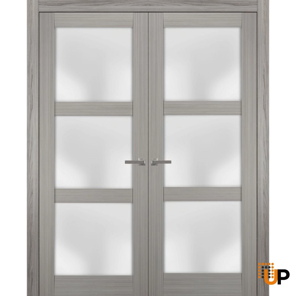 Double solid core french interior swing double door with frosted glass | Lucia 2552 Ginger Ash | 36 x 80 (2* 18x80) photo#1