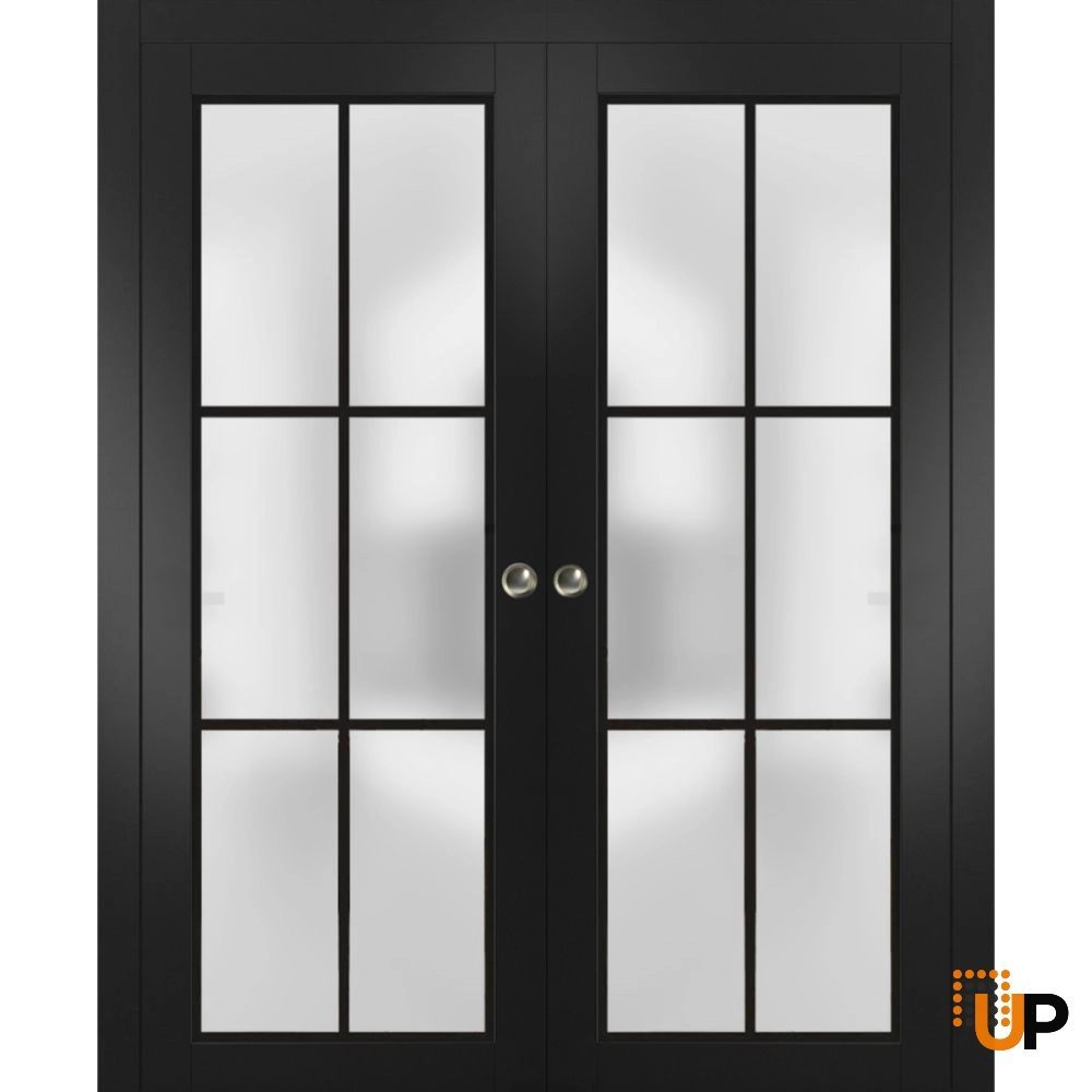 Double solid core sliding french interior pocket double door with frosted glass | Planum 2122 Black Matte | 36 x 80 (2* 18x80) photo#1
