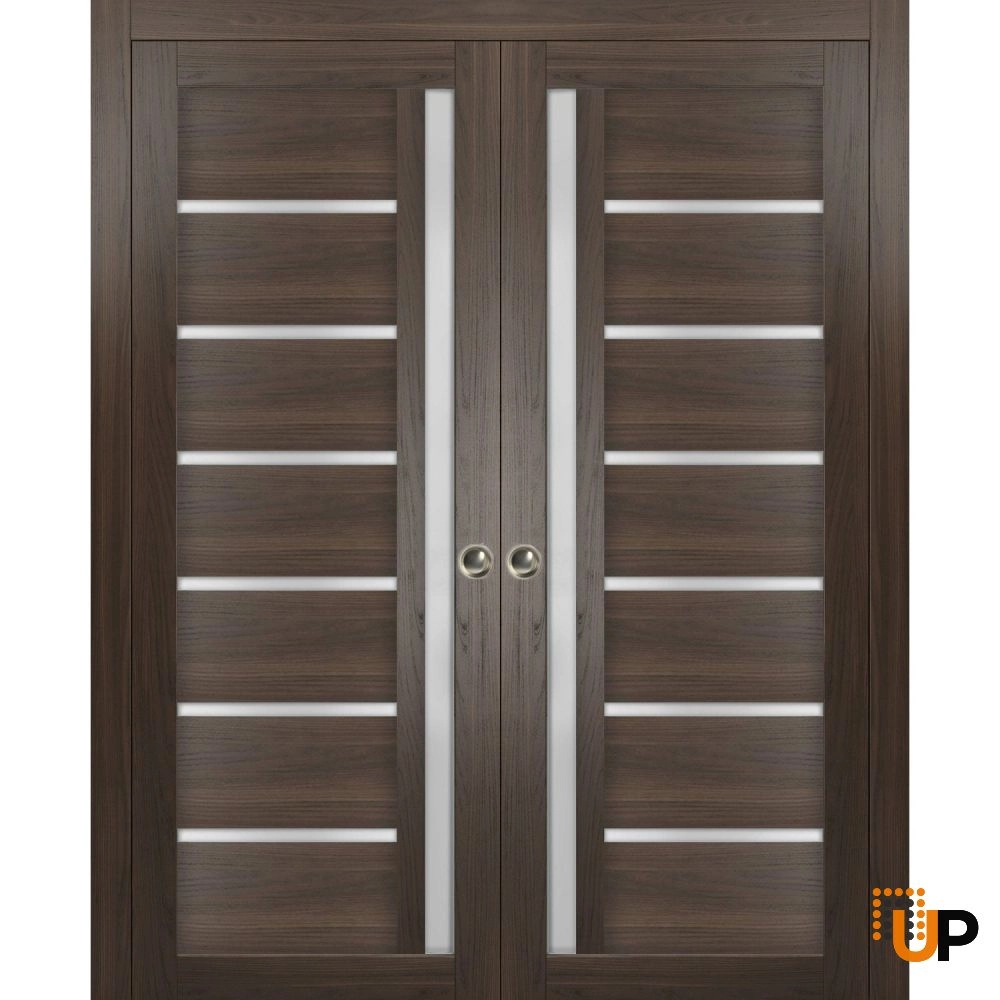Double mdf sliding modern interior pocket double door with frosted glass | Quadro 4088  Chocolate Ash | 36 x 80 (2* 18x80) photo#1