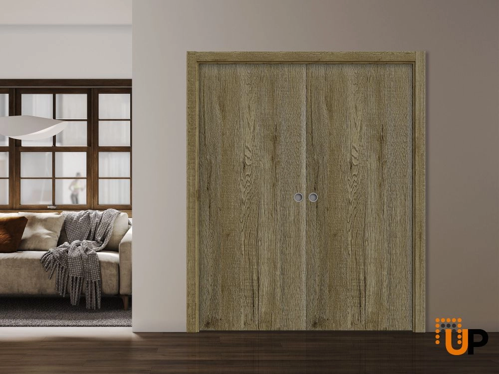 Double solid wood with honeycomb sliding interior pocket double door | Basic 3001 Antique Oak | 36 x 80 (2* 18x80) photo#2