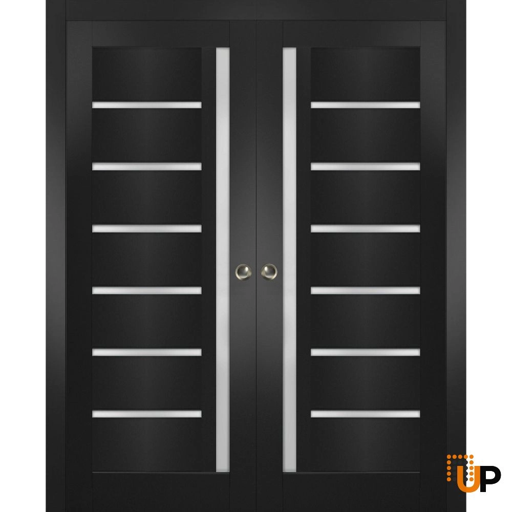 Double solid core sliding interior pocket double door with frosted glass | Quadro 4088  Black Matte | 36 x 80 (2* 18x80) photo#1