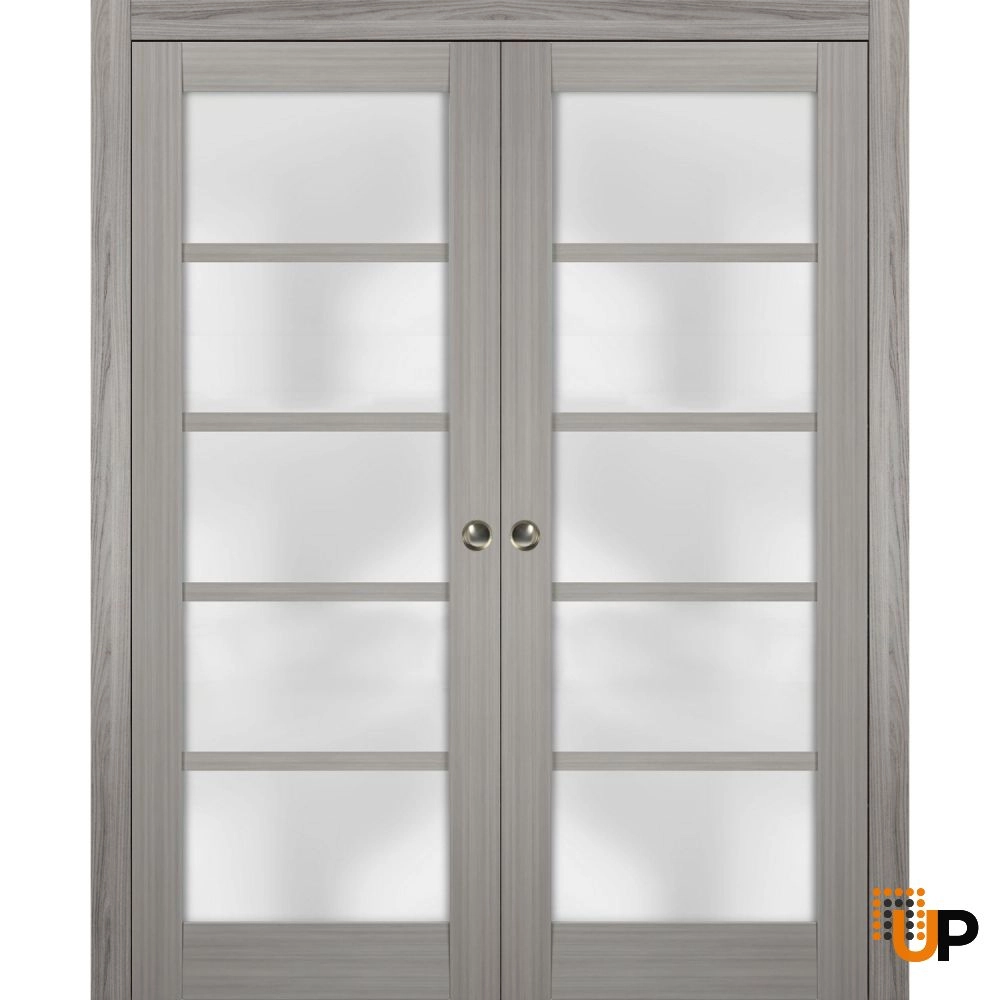 Double mdf sliding french interior pocket double door with frosted glass | Quadro 4002  Ginger Ash | 36 x 80 (2* 18x80) photo#1