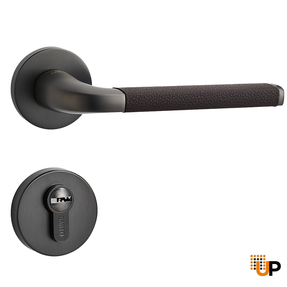 Door Euro Handle RIO for Magnetic Lock, Graphite and Brown Leather, Entry photo#1