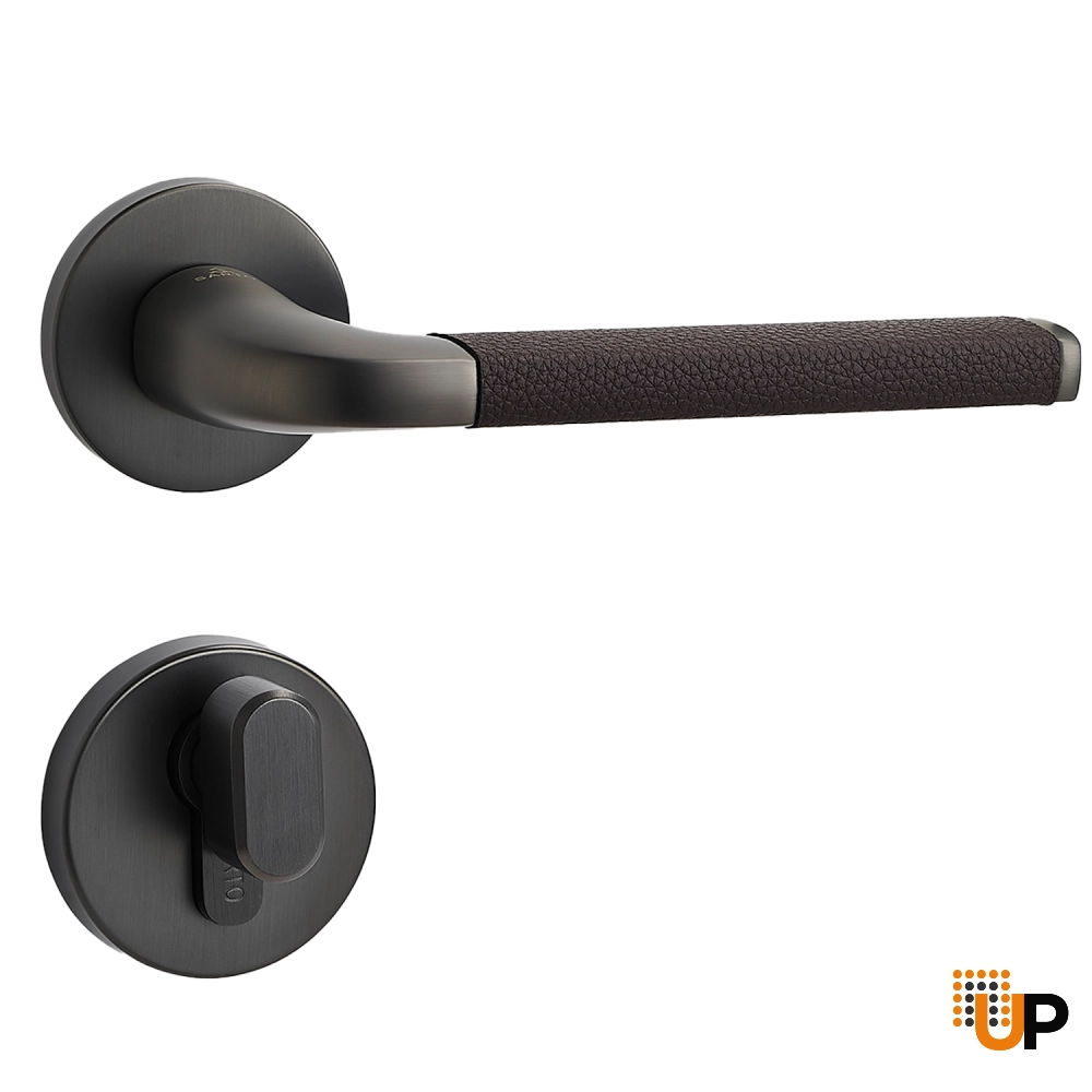Door Euro Handle RIO for Magnetic Lock, Graphite and Brown Leather, Privacy photo#1