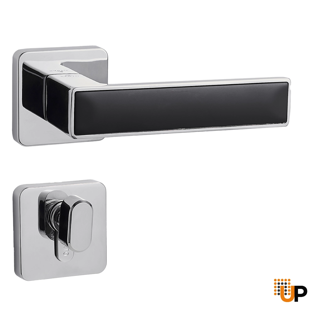 Door Euro Handle TURIN for Magnetic Lock, Chrome and Black Leather, Entry photo#1