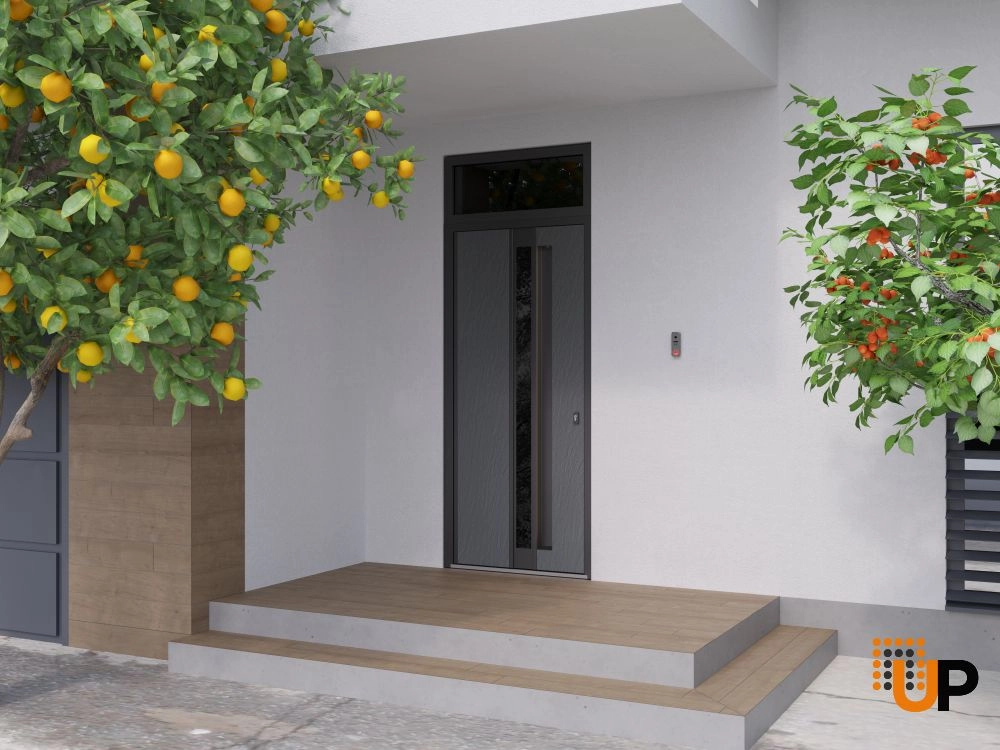 Single swing metal-aluminum modern exterior door with clear-mirrored glass | Hiddex 0155 Ardesia Nero | 36 x 112 (36 x 96+16) photo#3