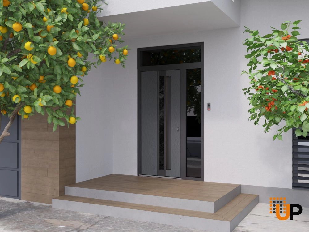 Single swing metal-aluminum modern exterior door with clear-mirrored glass | Hiddex 0155 Ardesia Nero | 52 x 108 (36+16 x 96+12) photo#3