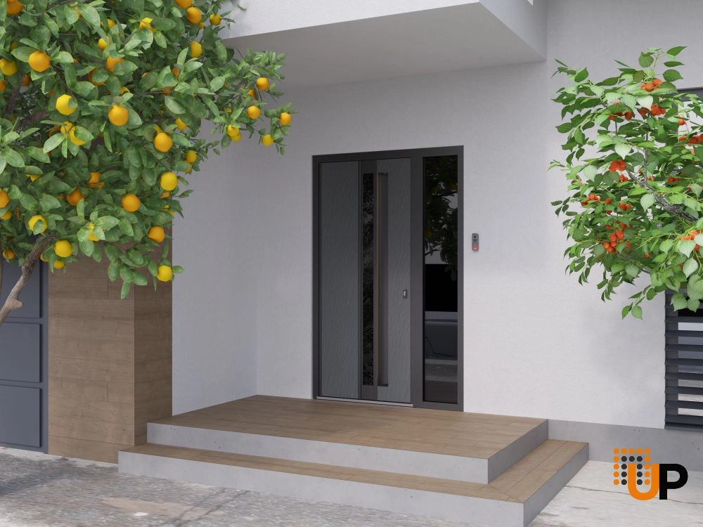 Single swing metal-aluminum modern exterior door with clear-mirrored glass | Hiddex 0155 Ardesia Nero | 52 x 80 (36+16 x 80) photo#3