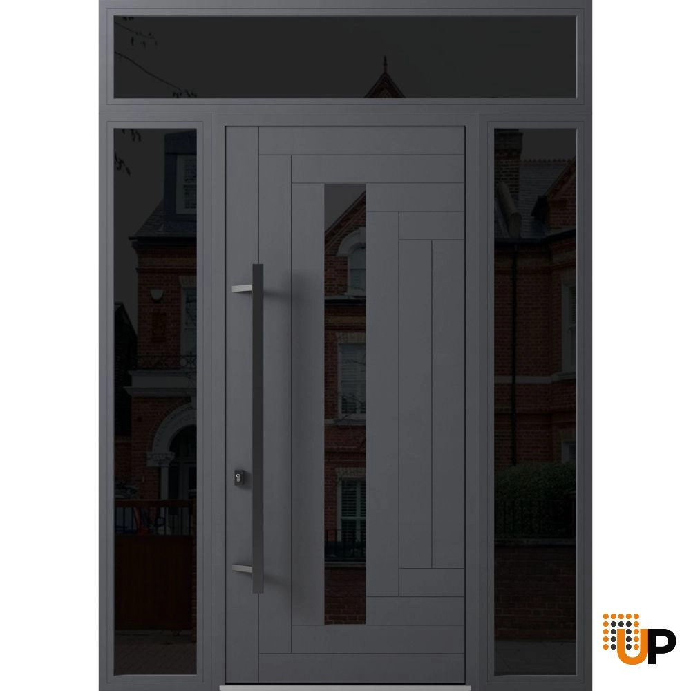 Single swing metal-aluminum modern exterior door with triplex glass | Ronex 0130 Gray | 60 x 112 (W12+36+12 x H96+16) photo#1
