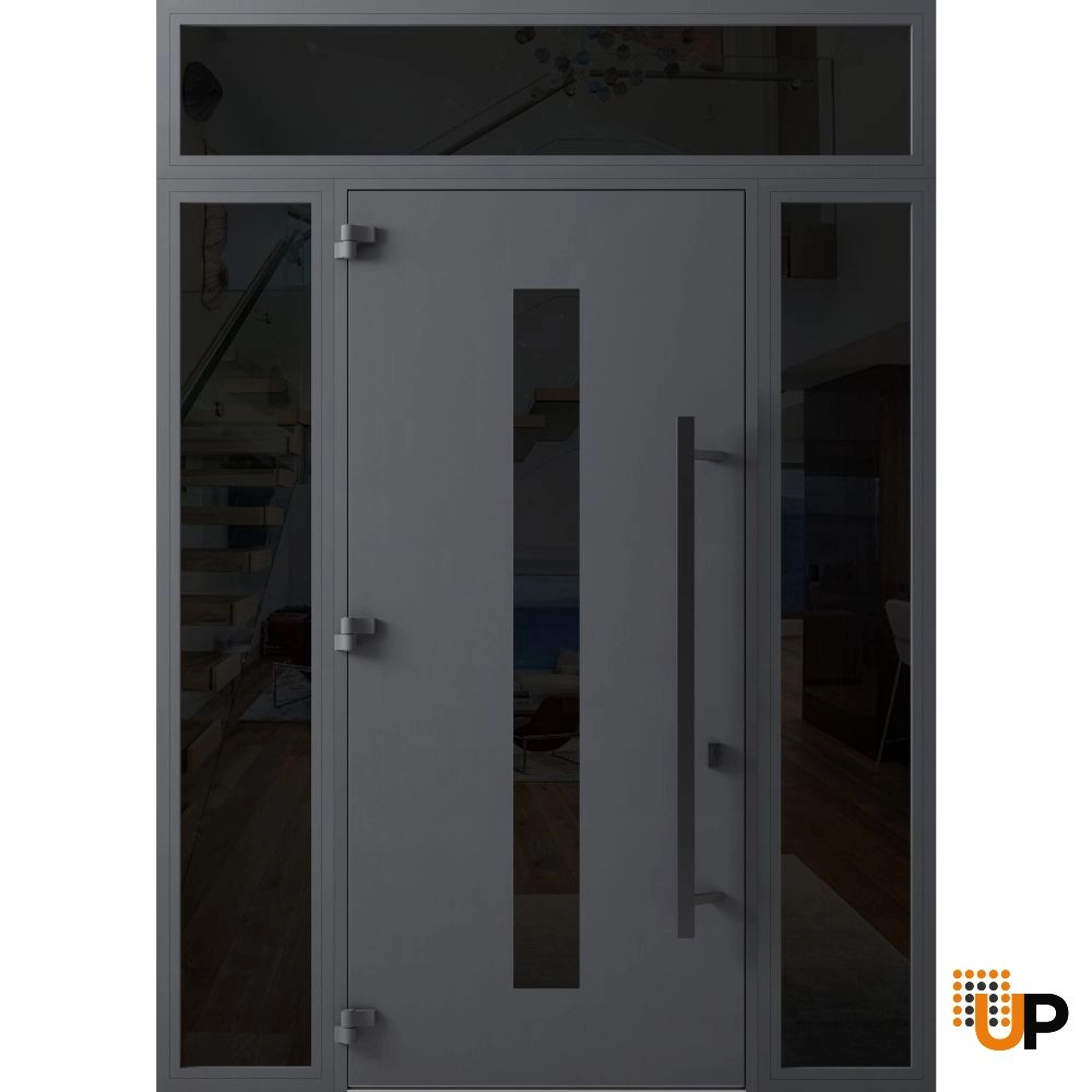 Single swing metal-aluminum modern exterior door with triplex glass | Ronex 0130 Gray | 60 x 112 (W12+36+12 x H96+16) photo#2