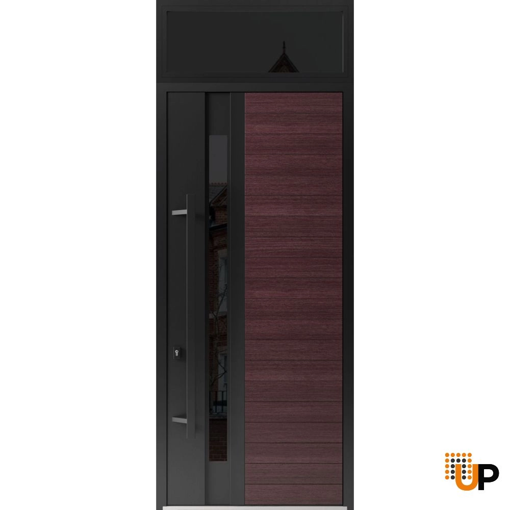 Single swing metal-aluminum modern exterior door with triplex glass | Ronex 0162 Red Oak | 36 x 112 (W36 x H96+16) photo#1