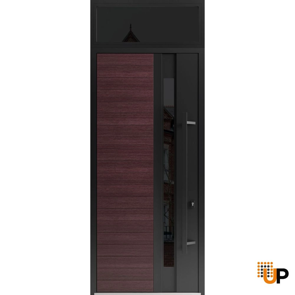 Single swing metal-aluminum modern exterior door with triplex glass | Ronex 0162 Red Oak | 36 x 112 (W36 x H96+16) photo#1