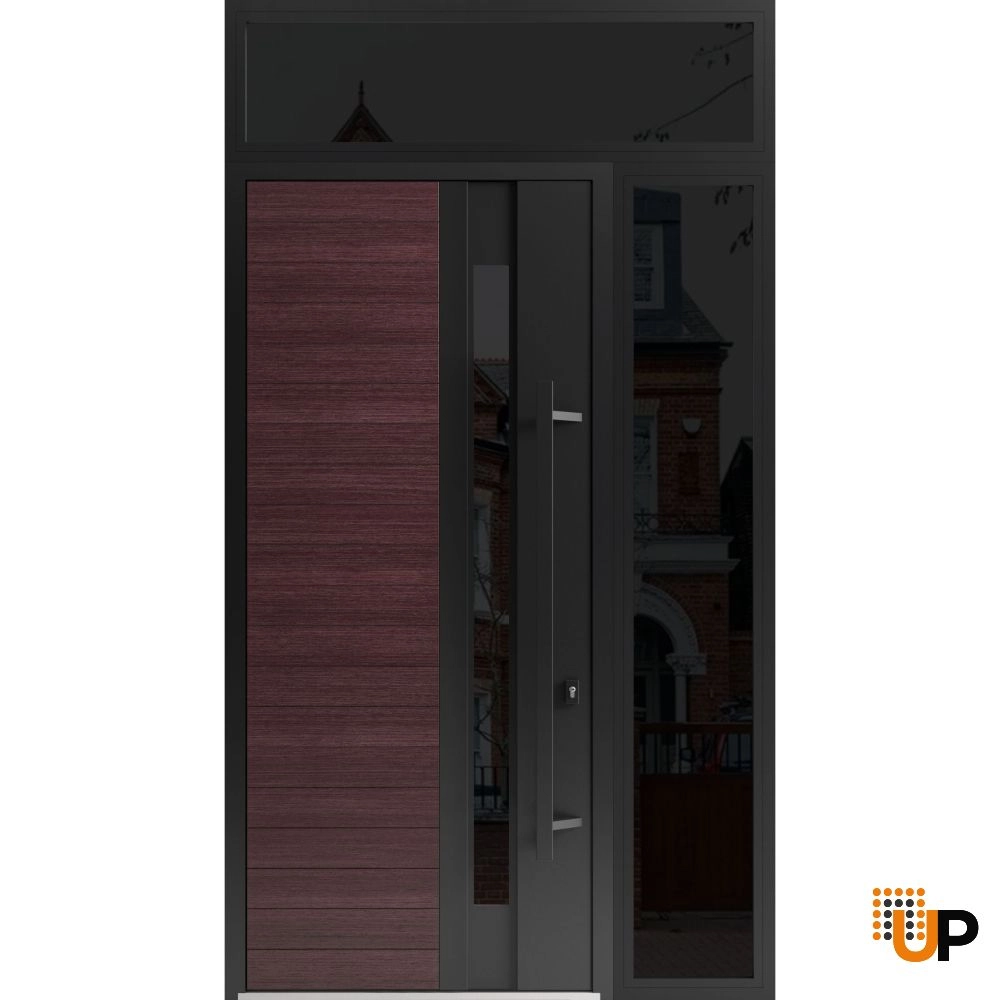 Single swing metal-aluminum modern exterior door with triplex | Ronex 0162 Red Oak | 48 x 112 (W36+12 x H96+16) photo#1