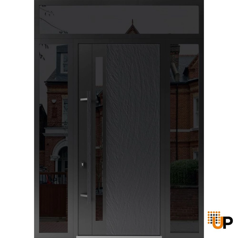 Single swing metal-aluminum modern exterior door with tinted clear-mirrored glass | Dekton 0163 Ardesia Nero | 64 x 112 (W14+36+14 x H96+16) photo#1