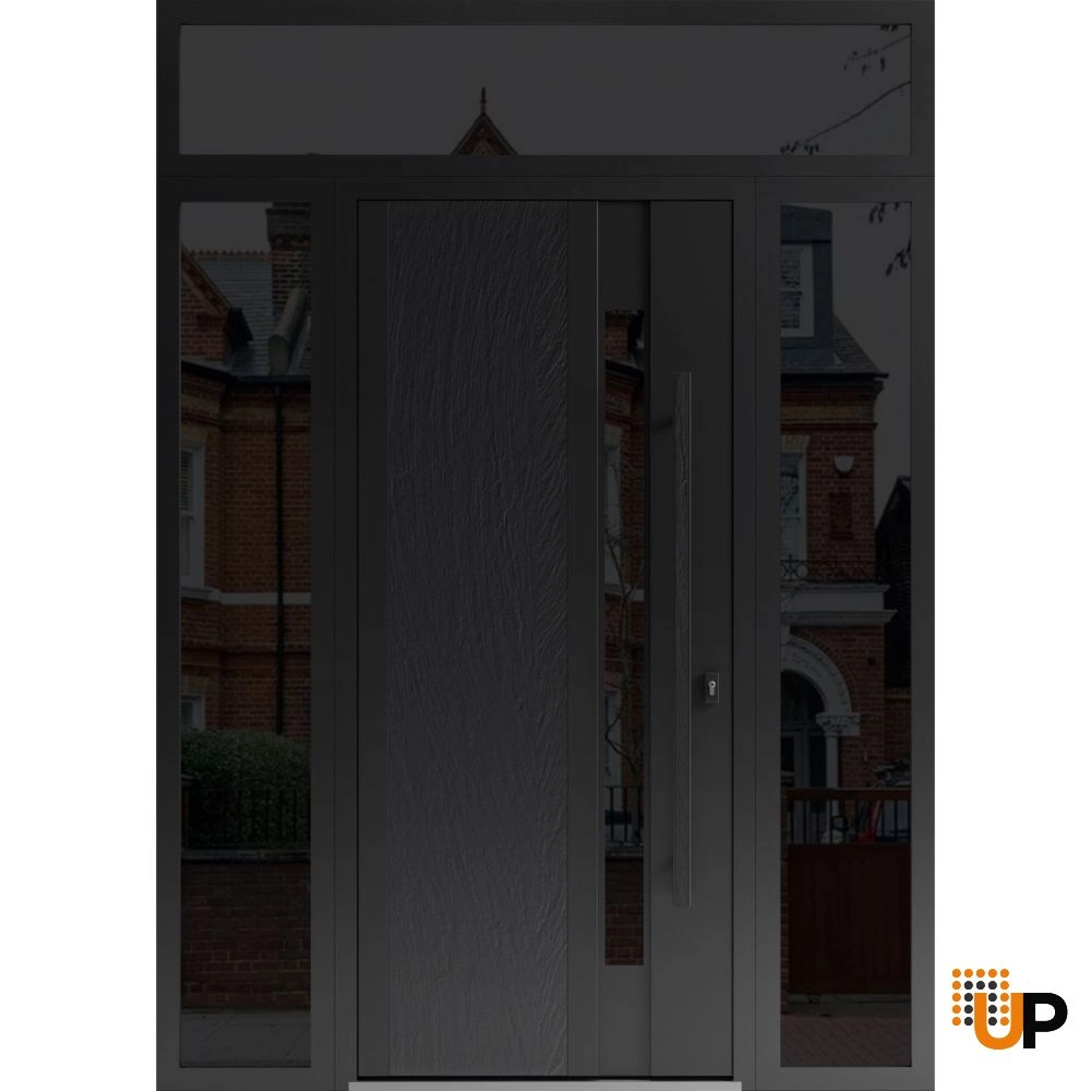 Single swing metal-aluminum modern exterior door with tinted clear-mirrored glass | Dekton 0163 Ardesia Nero | 60 x 96 photo#1