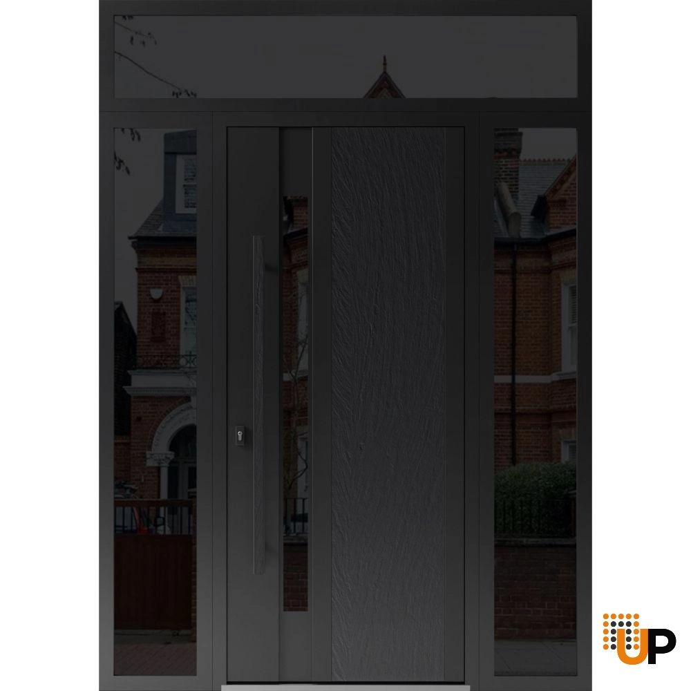 Single swing metal-aluminum modern exterior door with tinted clear-mirrored glass | Dekton 0163 Ardesia Nero | 60 x 96 photo#1