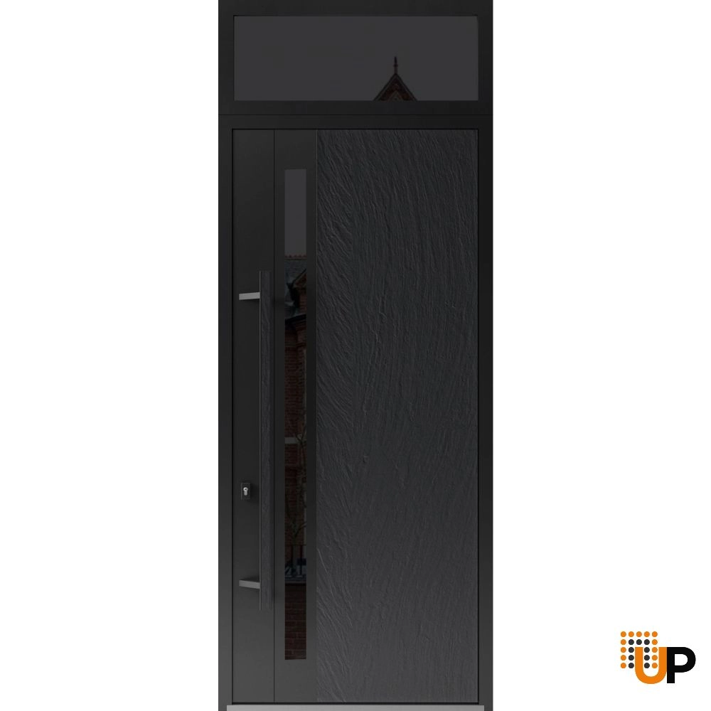 Single swing metal-aluminum modern exterior door with tinted clear-mirrored glass | Dekton 0163 Ardesia Nero | 36 x 112 (W36 x H96+16) photo#1