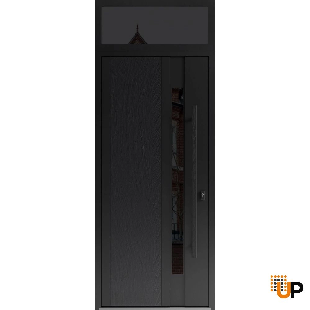 Single swing metal-aluminum modern exterior door with tinted clear-mirrored glass | Dekton 0163 Ardesia Nero | 36 x 96 photo#1