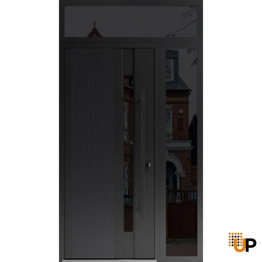 Single swing metal-aluminum modern exterior door with tinted clear-mirrored glass | Dekton 0163 Ardesia Nero | 48 x 96 photo#1