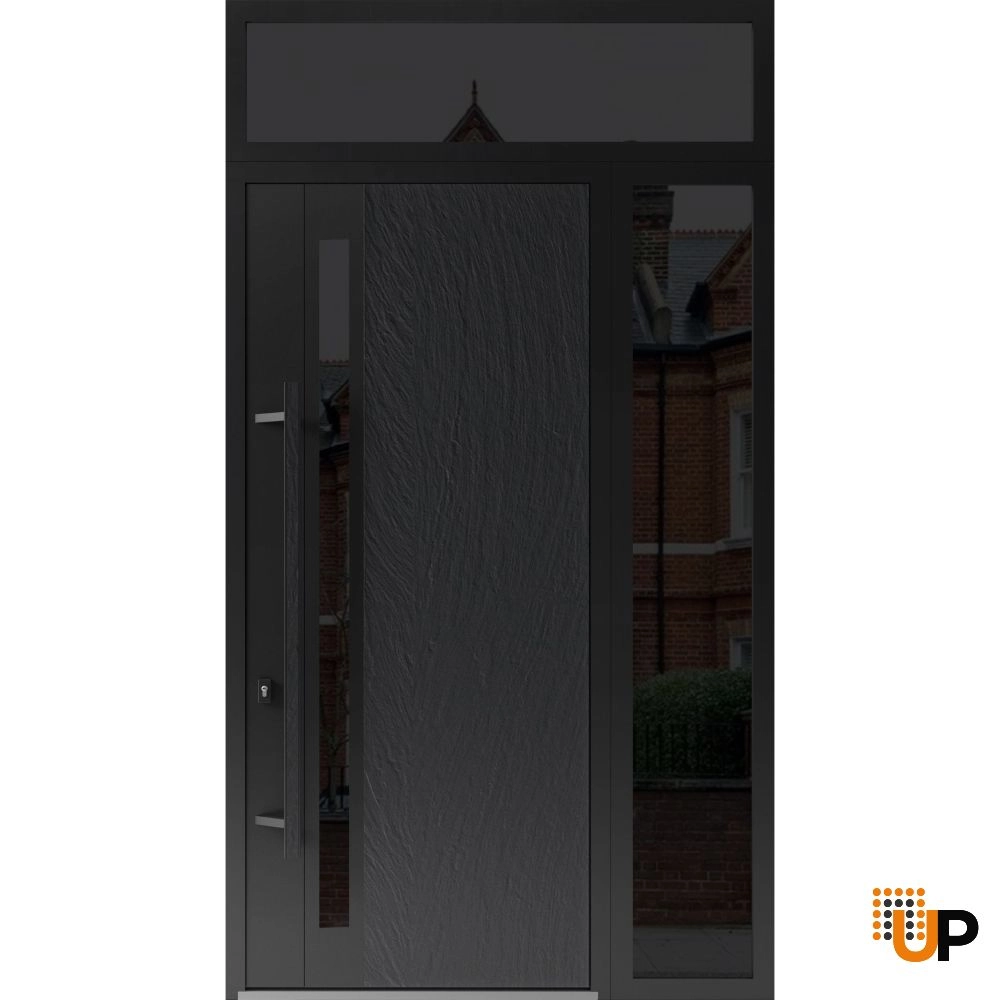 Single swing metal-aluminum modern exterior door with tinted clear-mirrored glass | Dekton 0163 Ardesia Nero | 48 x 112 (W36+12 x H96+16) photo#1
