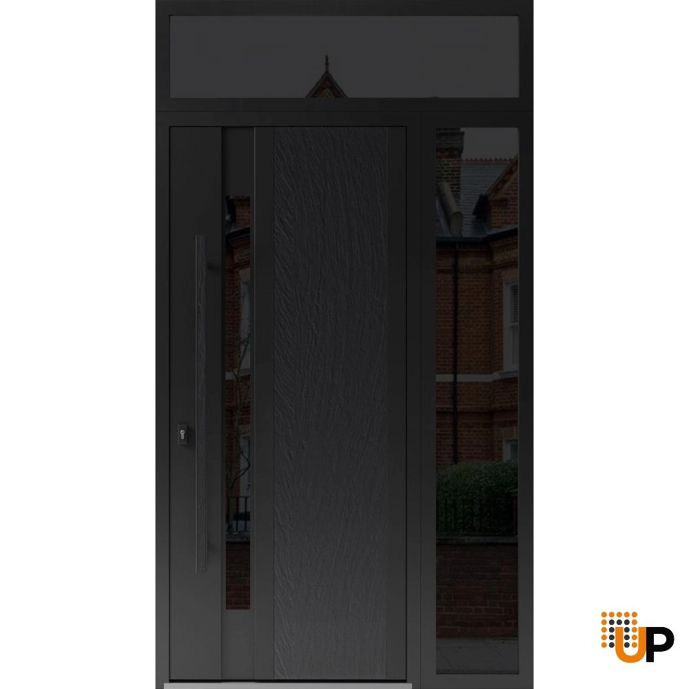 Single swing metal-aluminum modern exterior door with tinted clear-mirrored glass | Dekton 0163 Ardesia Nero | 48 x 96 photo#1