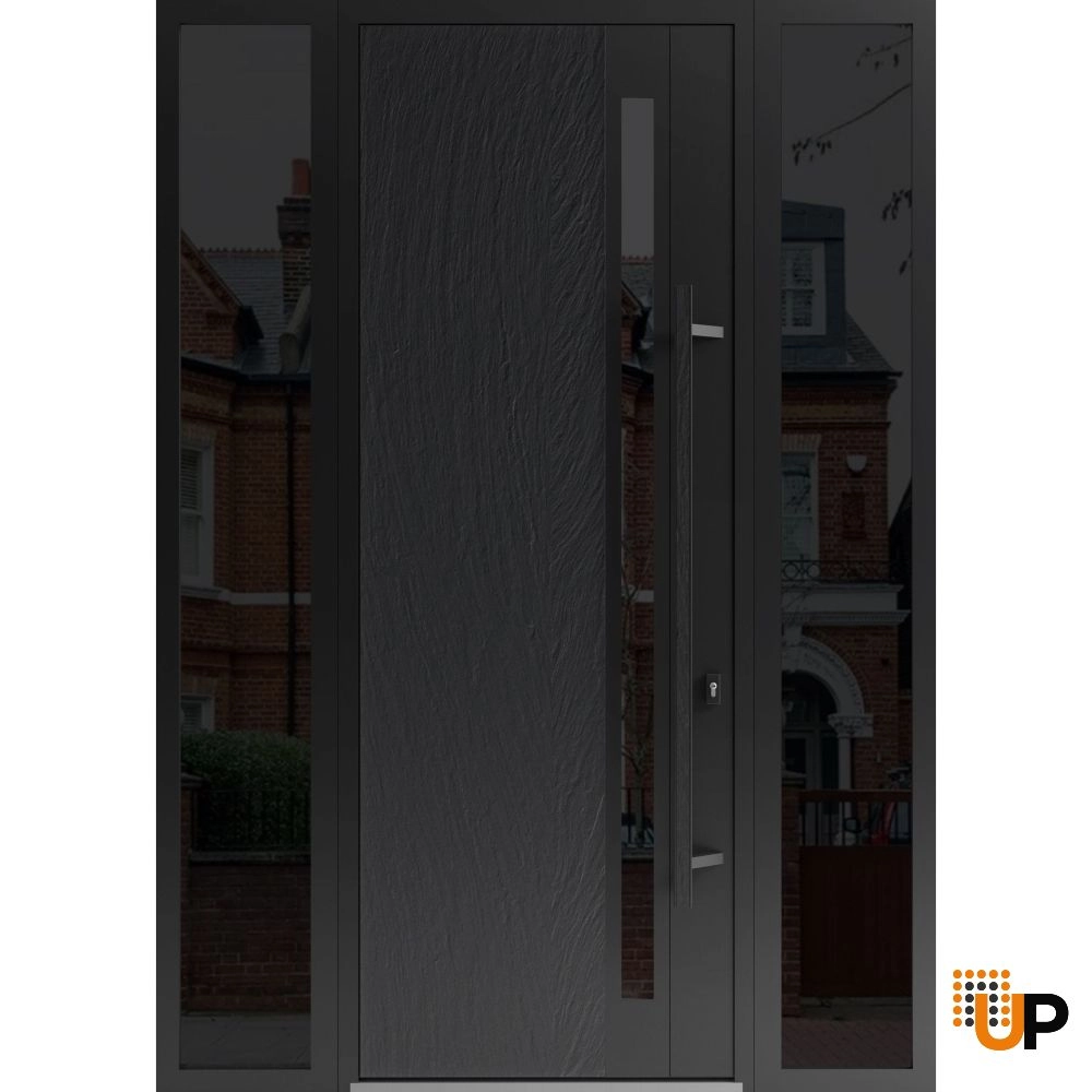 Single swing metal-aluminum modern exterior door with tinted clear-mirrored glass | Dekton 0163 Ardesia Nero | 60 x 96 photo#1