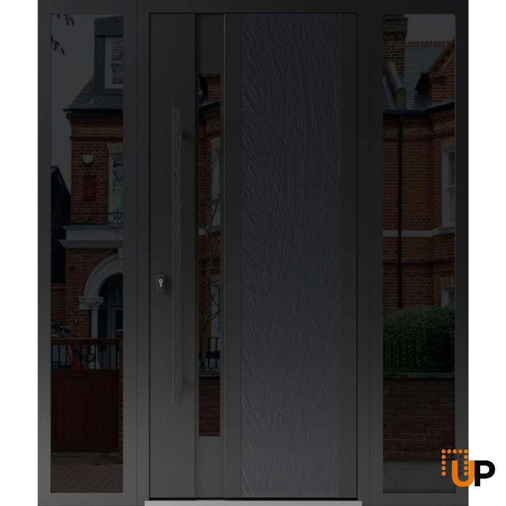 Single swing metal-aluminum modern exterior door with tinted clear-mirrored glass | Dekton 0163 Ardesia Nero | 60 x 80 photo#1