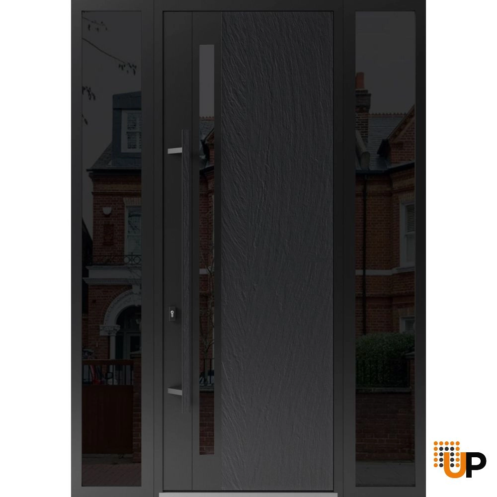 Single swing metal-aluminum modern exterior door with tinted clear-mirrored glass | Dekton 0163 Ardesia Nero | 64 x 96 photo#1