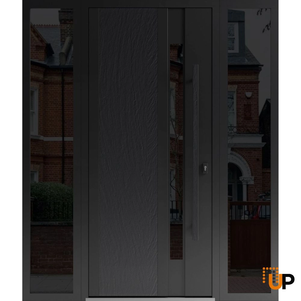 Single swing metal-aluminum modern exterior door with tinted clear-mirrored glass | Dekton 0163 Ardesia Nero | 60 x 80 photo#1