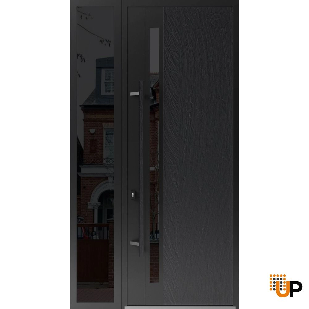 Single swing metal-aluminum modern exterior door with tinted clear-mirrored glass | Dekton 0163 Ardesia Nero | 48 x 96 photo#1