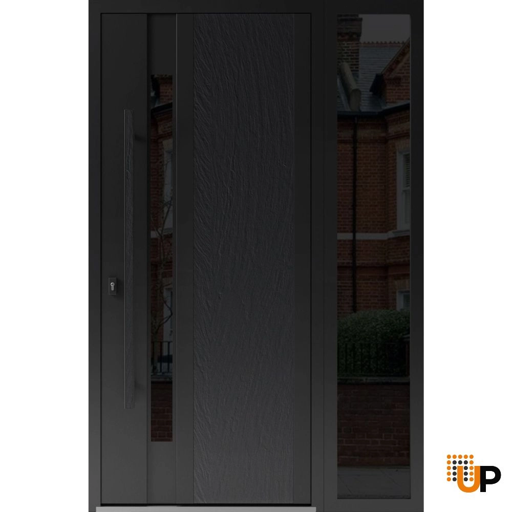 Single swing metal-aluminum modern exterior door with tinted clear-mirrored glass | Dekton 0163 Ardesia Nero | 50 x 80 photo#1