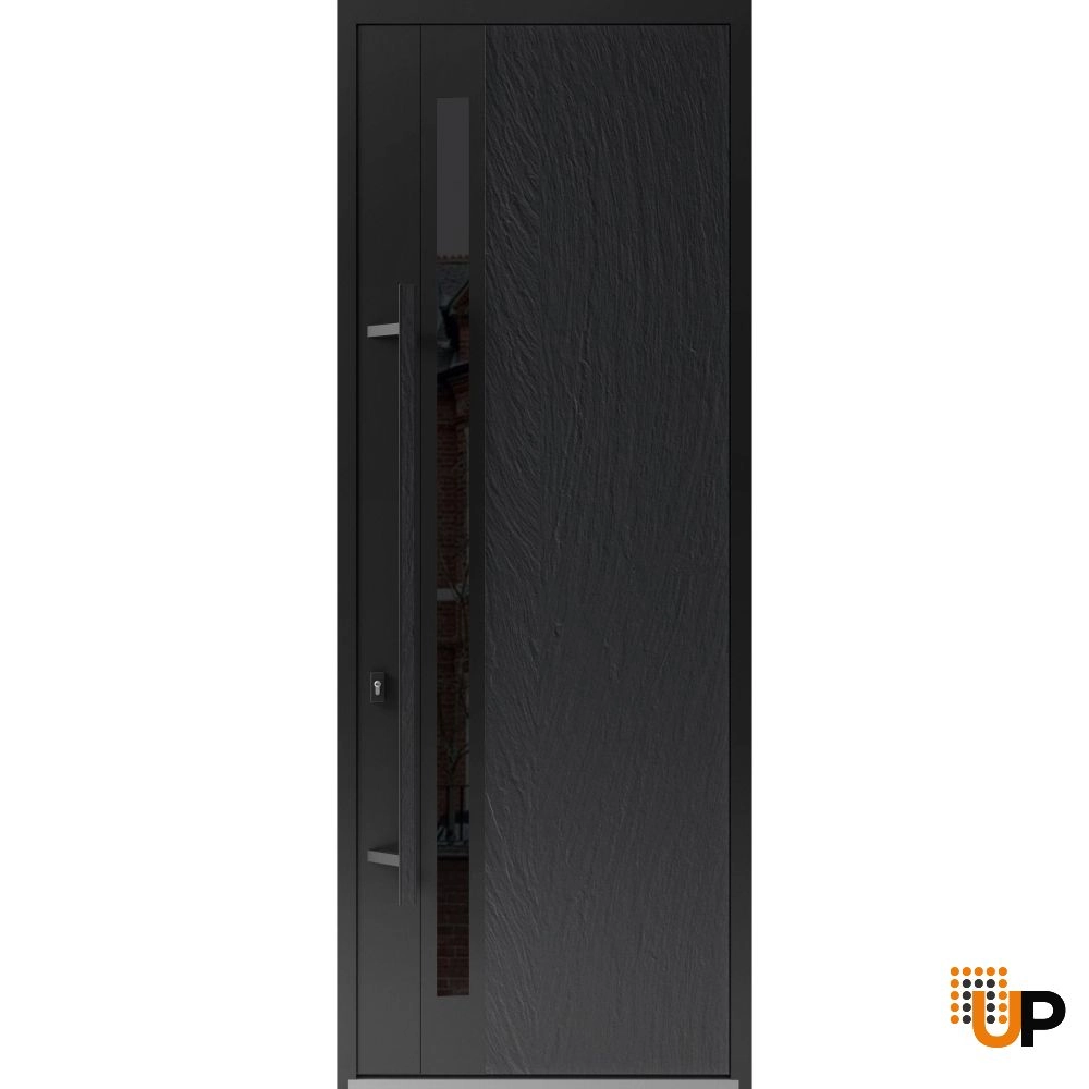 Single swing metal-aluminum modern exterior door with tinted clear-mirrored glass | Dekton 0163 Ardesia Nero | 36 x 96 photo#1