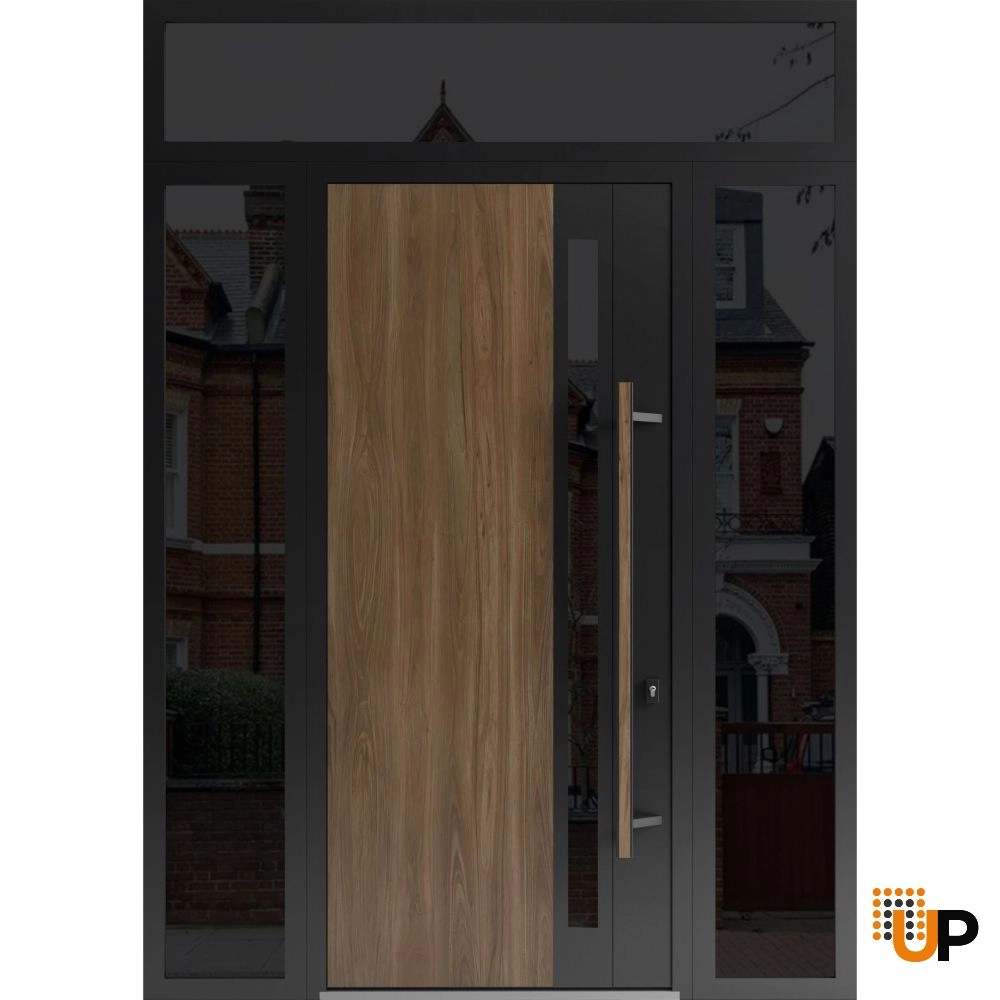Single swing metal-aluminum modern exterior door with tinted clear-mirrored glass | Dekton 0163 Venezia Noce | 60 x 112 (W12+36+12 x H96+16) photo#1