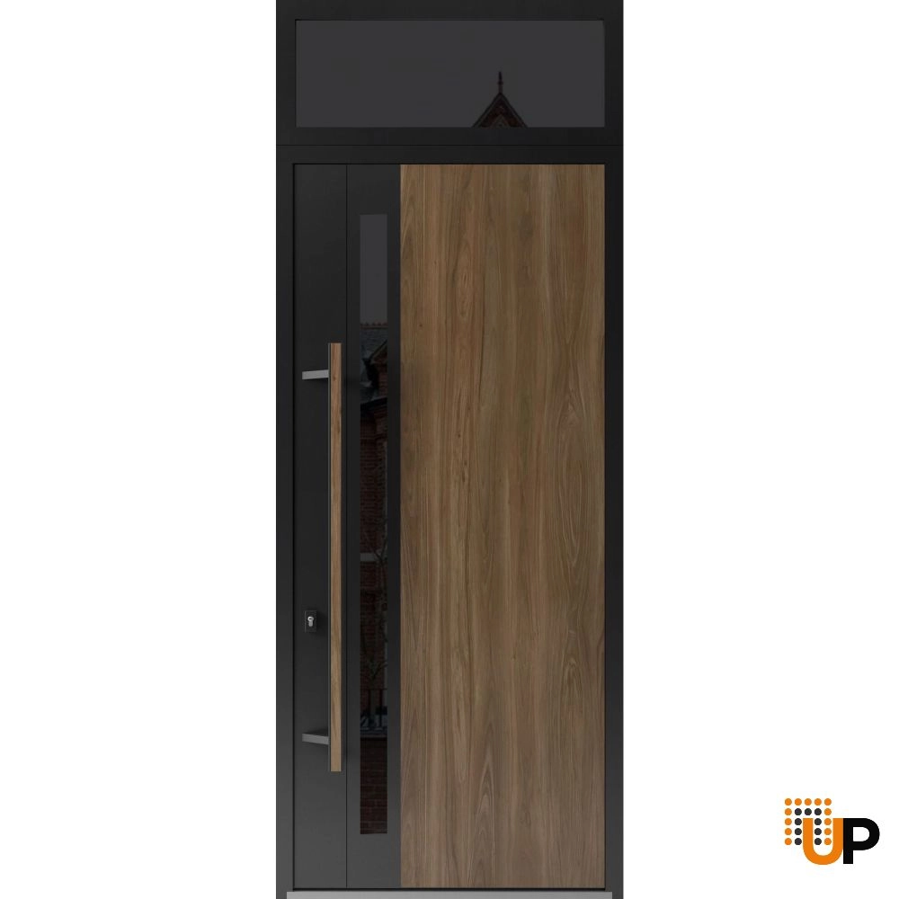 Single swing metal-aluminum modern exterior door with tinted clear-mirrored glass | Dekton 0163 Venezia Noce | 36 x 112 (W36 x H96+16) photo#1