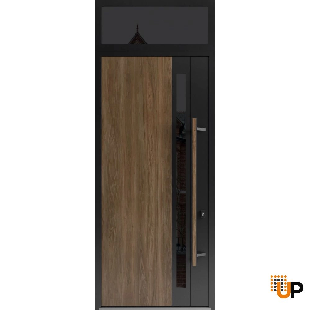Single swing metal-aluminum modern exterior door with tinted clear-mirrored glass | Dekton 0163 Venezia Noce | 36 x 112 (W36 x H96+16) photo#1