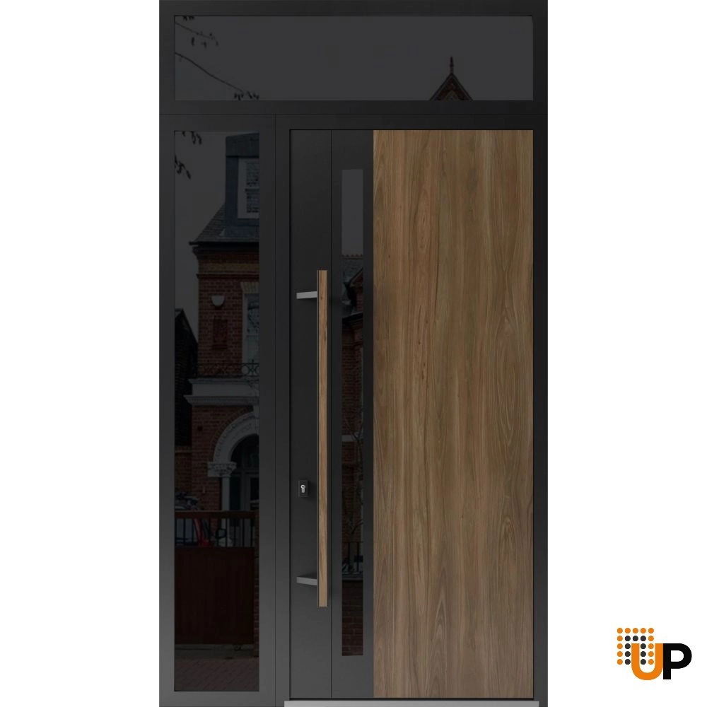 Single swing metal-aluminum modern exterior door with tinted clear-mirrored glass | Dekton 0163 Venezia Noce | 48 x 112 (W36+12 x H96+16) photo#1
