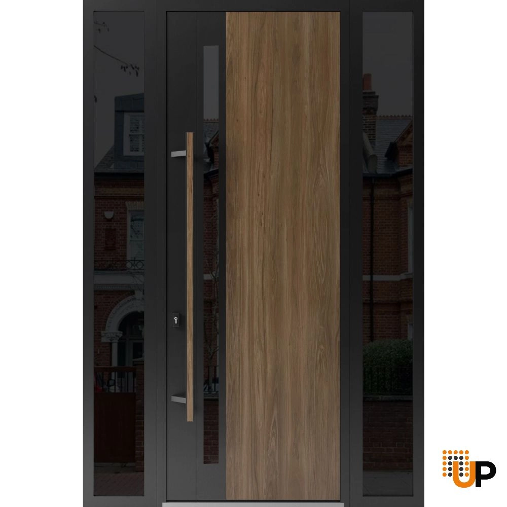 Single swing metal-aluminum modern exterior door with tinted clear-mirrored glass | Dekton 0163 Venezia Noce | 64 x 96 photo#1