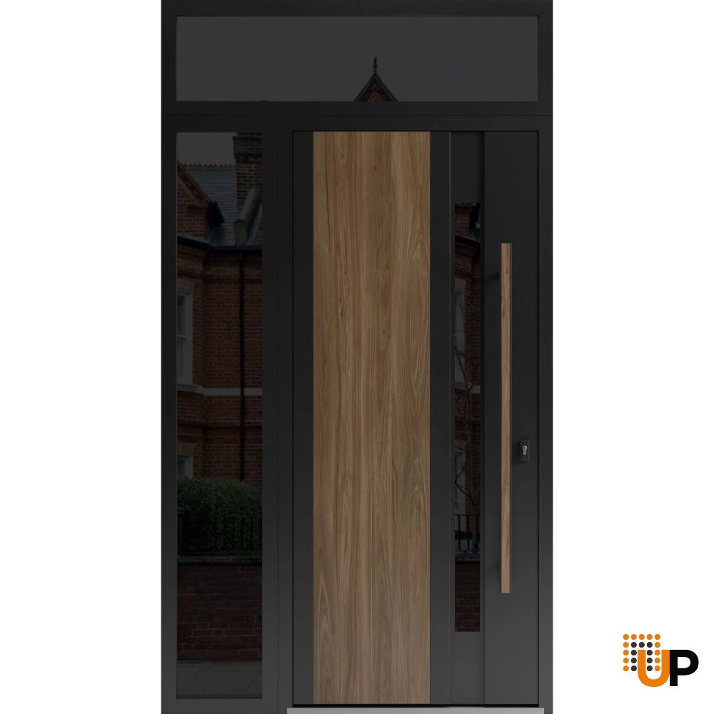Single swing metal-aluminum modern exterior door with tinted clear-mirrored glass | Dekton 0163 Venezia Noce | 48 x 112 (W36+12 x H96+16) photo#1